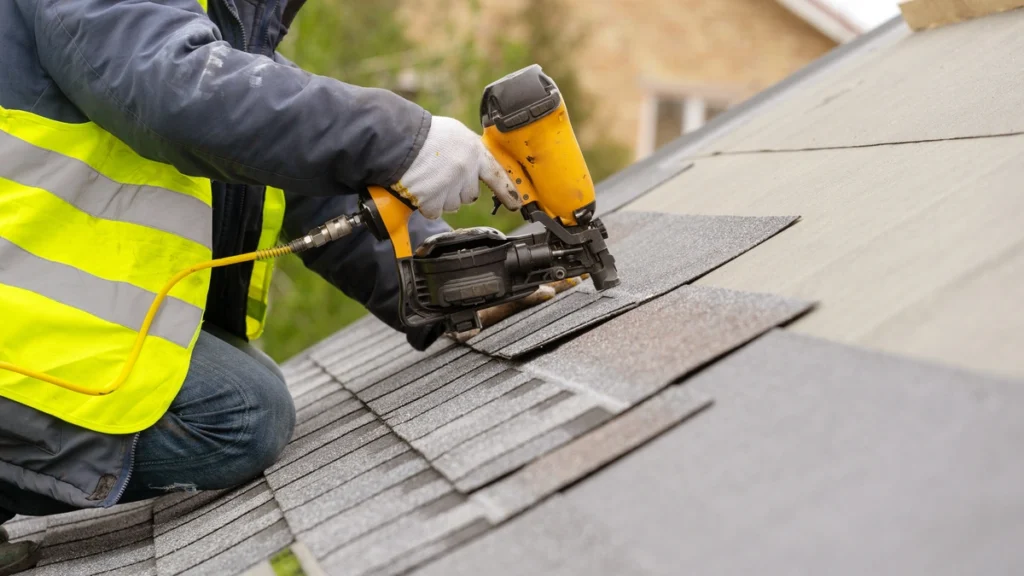 roofer using a nail gun to apply shingles on a roof in nicholasville, ky
