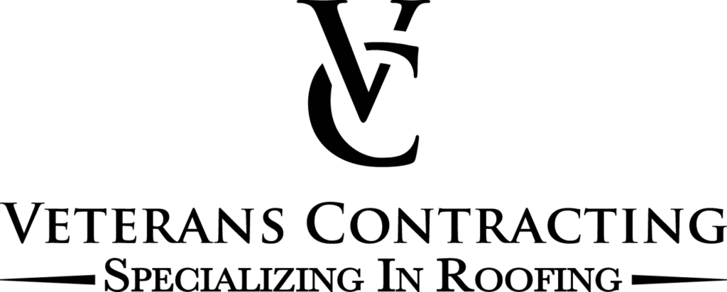 Veterans Contracting logo with VC initials above the name and "Specializing In Roofing" flanked by horizontal arrows.