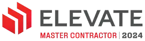 Elevate logo with three red shapes, large gray ELEVATE text, and MASTER CONTRACTOR 2024—trusted in roofing and siding services.