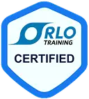 Blue and white badge reading "ORLO Training Certified" with a stylized logo, symbolizing certified exterior home services.