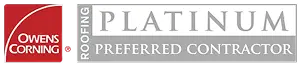 Owens Corning Roofing Platinum Preferred Contractor logo with gray box—trusted for expert roof replacement and repairs.