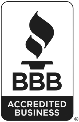 BBB Accredited Business logo in black and white with torch symbol, ideal for roofing and siding service credibility.