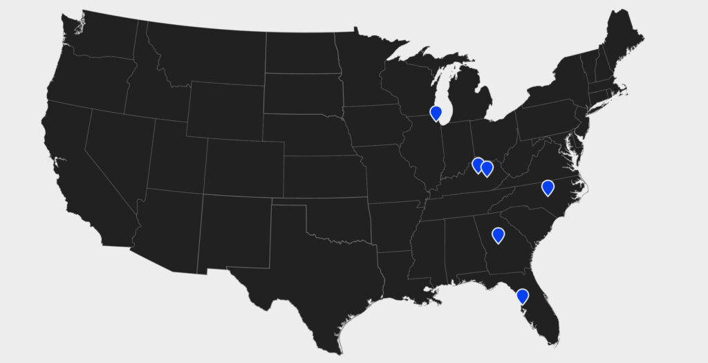 US map highlighting roofing and siding service locations in WI, KY, TN, GA, FL, and NC with blue markers.