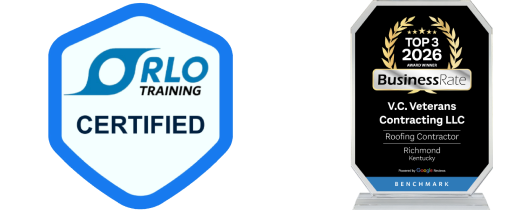 A blue ORLO Training CERTIFIED badge and a plaque honoring V.C. Veterans Contracting LLC as a top 2026 roofing contractor in Richmond, KY.